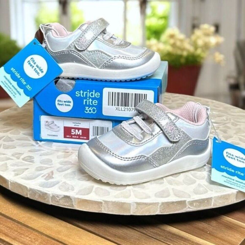 Stride Rite Natasha Silver Sneakers Toddler Girls Size 5M M - Wide Fit Friendly